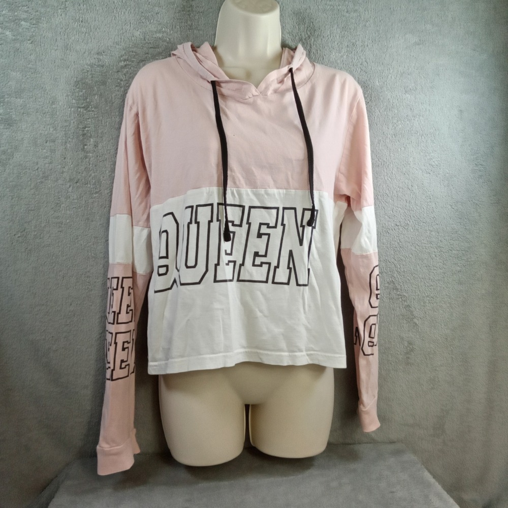 ON FIRE Womens XL Pink White QUEEN‎ Graphic Colorblock Lightweight Hoodie Crop